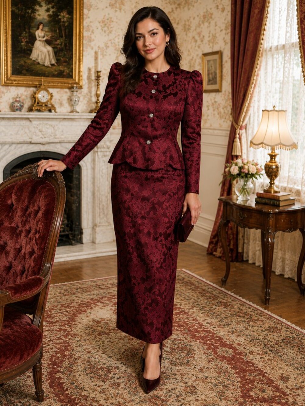 Vtg 80s Jessica McClintock Burgundy Brocade Skirt Suit Dress Set Victorian Sz 8